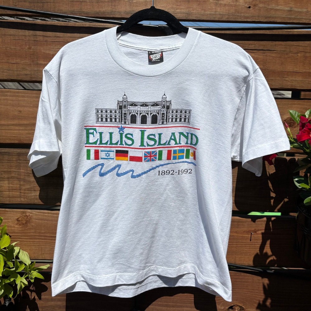 Screen Stars Ellis Island T-Shirt Mens L White Excellent Vintage 90s Graphic Tee